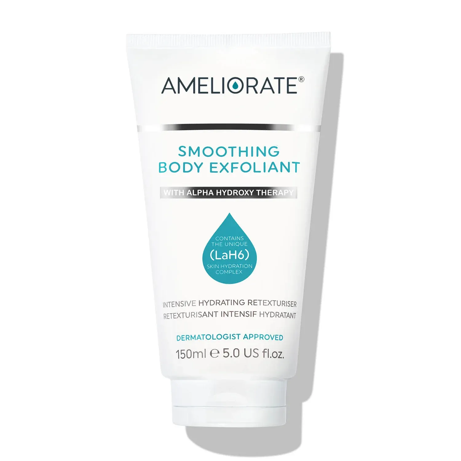Ameliorate Smoothing Body Exfoliant tube with alpha hydroxy therapy and the unique LaH6 Skin Hydration Complex, dermatologist approved, 150ml/5.0 US fl. oz.