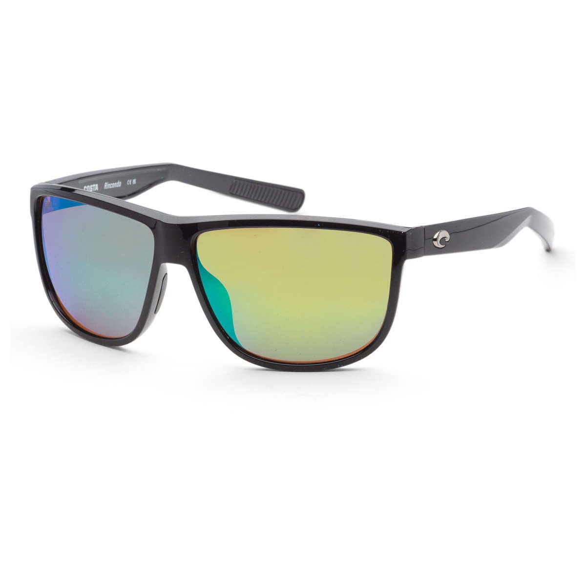 Costa del Mar Men's Sunglasses feature a black frame with green mirrored lenses, providing a sleek and stylish look. The design includes sturdy arms with the brand's logo near the hinges.