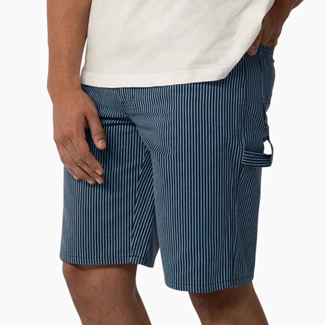 Striped blue and white shorts with a side pocket.