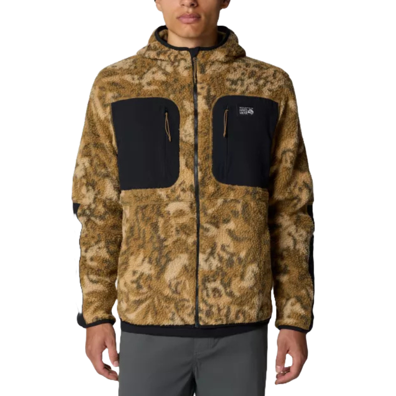 The HiCamp Fleece Hoody is a men's hooded jacket featuring a brown and black speckled pattern with black chest pockets and a full front zipper, designed for warmth and functionality.