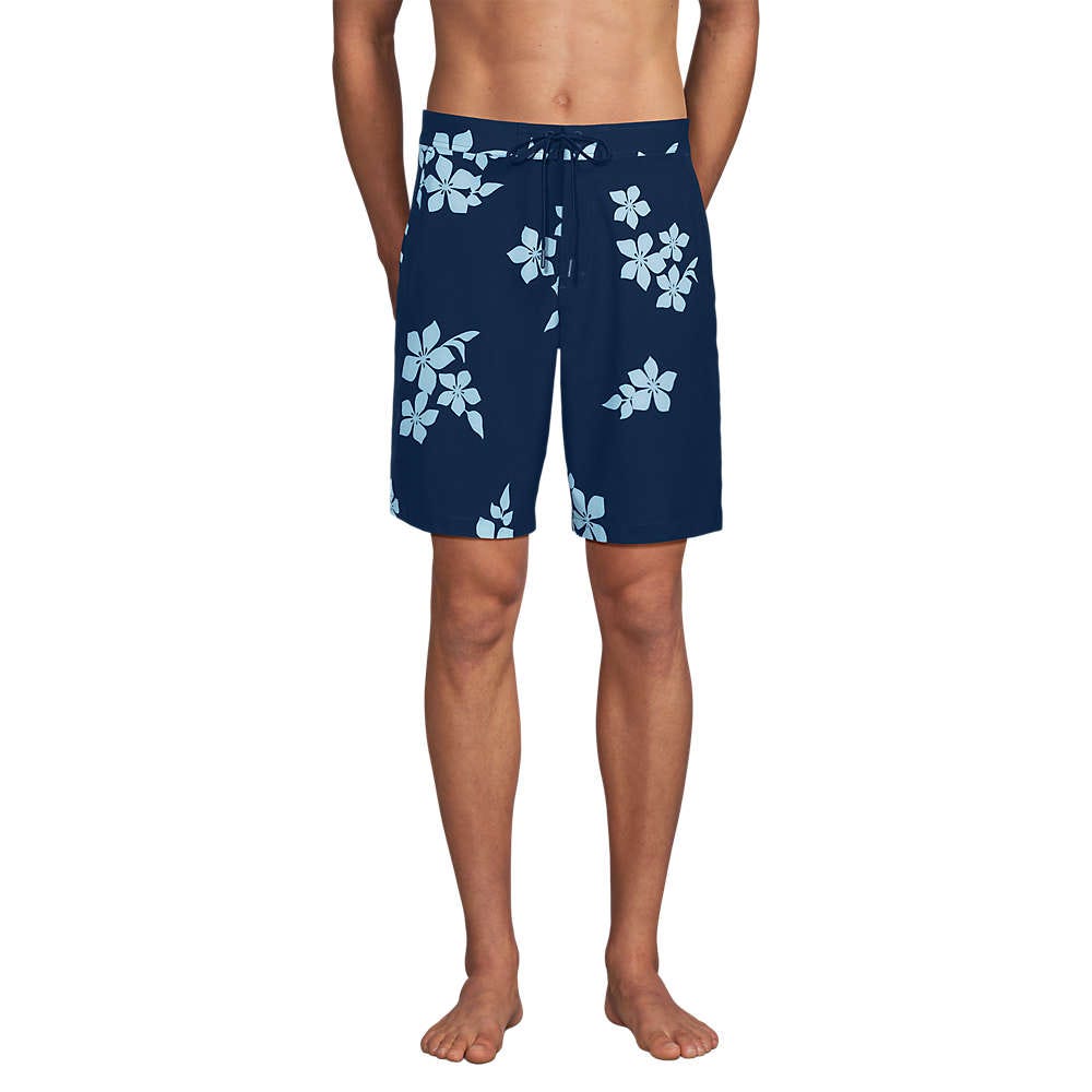Men's swim trunks with a navy blue base and light blue floral pattern, featuring a drawstring waist for adjustable fit.