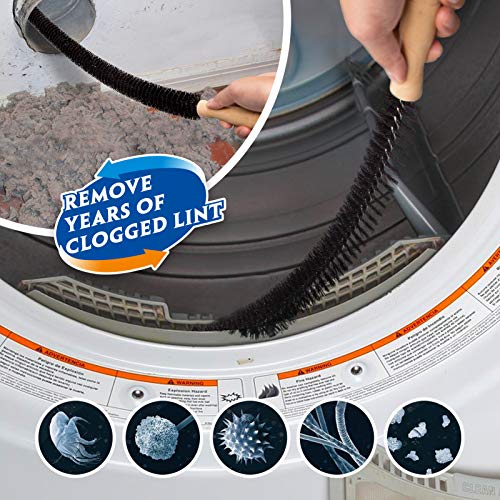 A flexible brush with stiff bristles is being used to clean the lint trap area of a clothes dryer, highlighting its effectiveness at removing clogged lint.