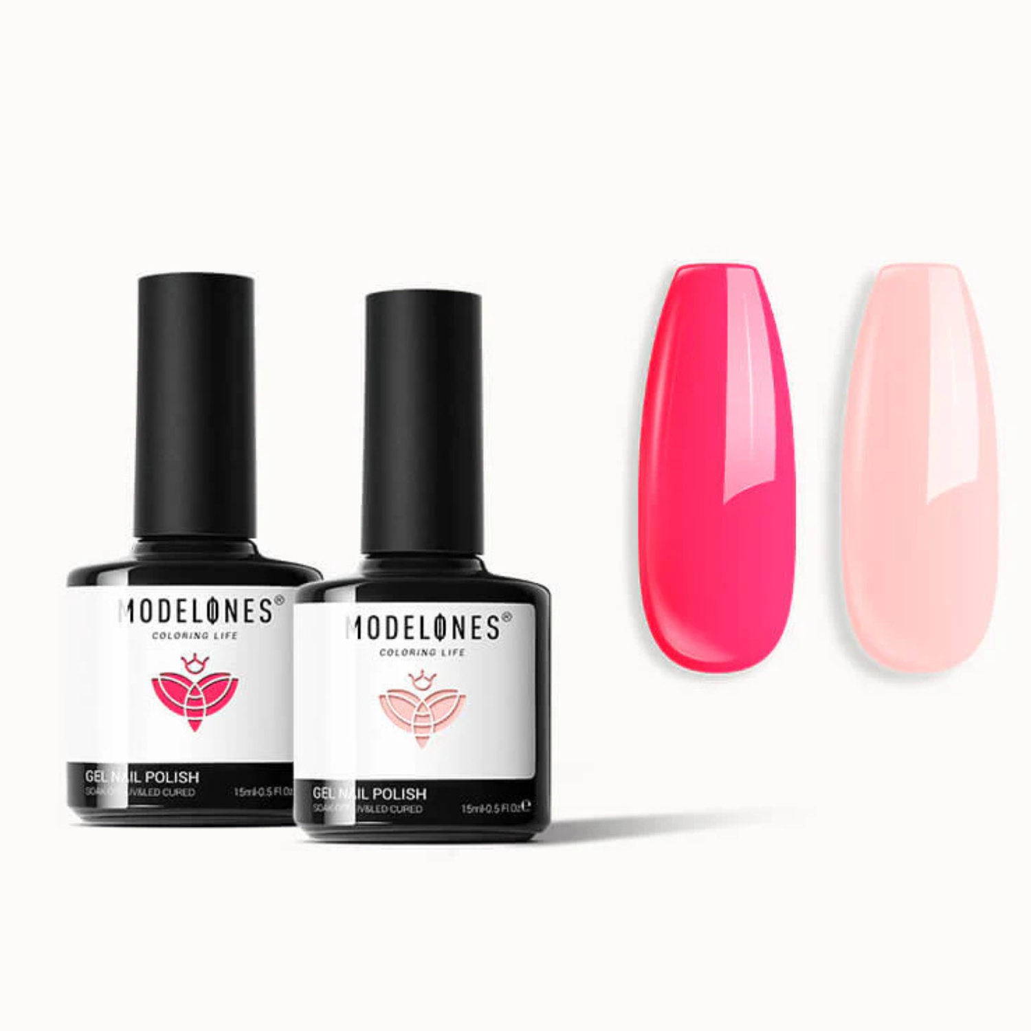The Modelones 2 Shades Gel Nail Polish Duo Set includes two bottles of gel polish, featuring vibrant pink and soft peach shades. Each bottle contains 15ml (0.5 fl oz) and is suitable for UV/LED curing.