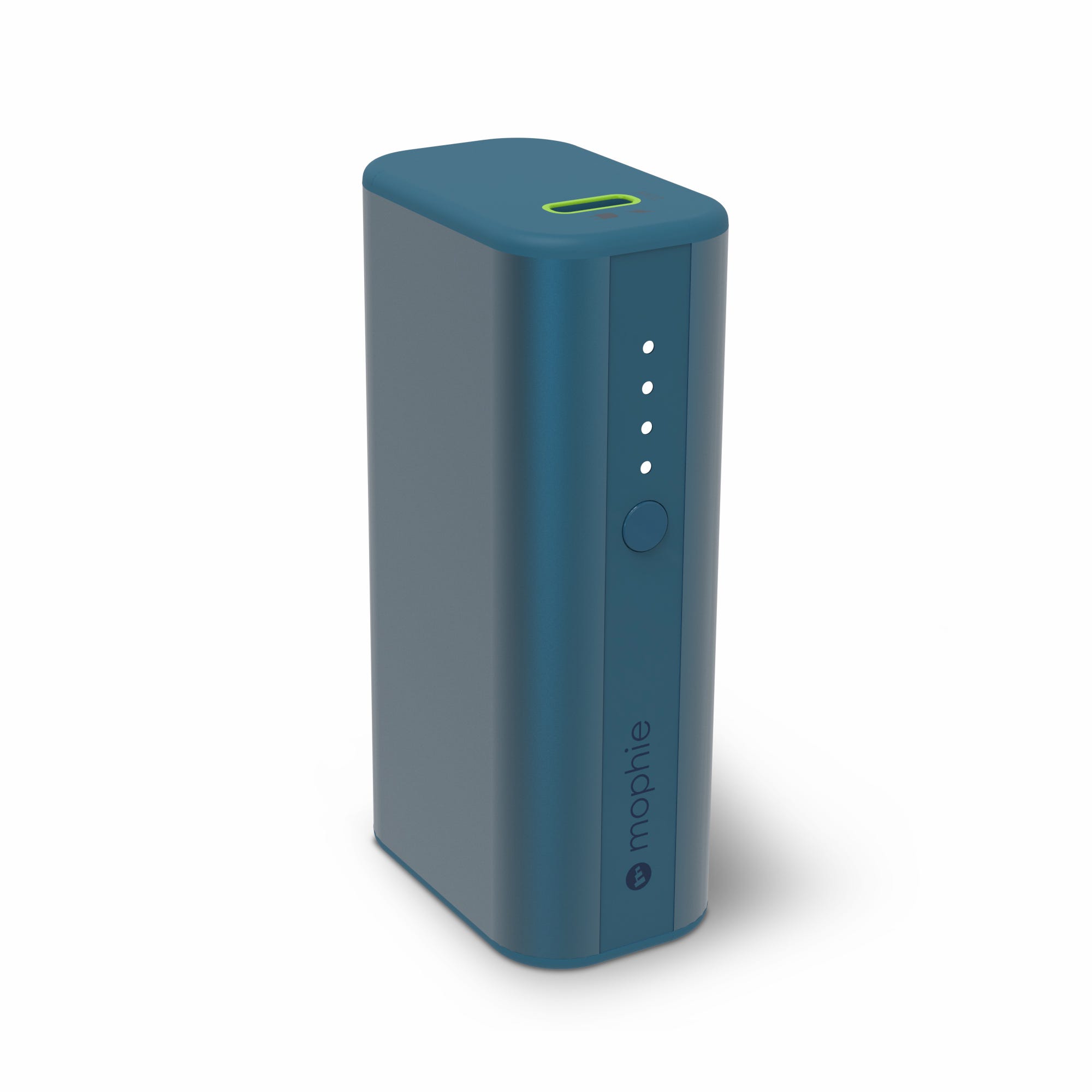 Blue Mophie brand portable power bank with indicator lights and a button on the side.