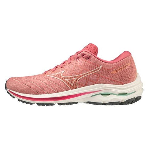 A single pink running shoe with a white sole and distinctive wave pattern on the side.