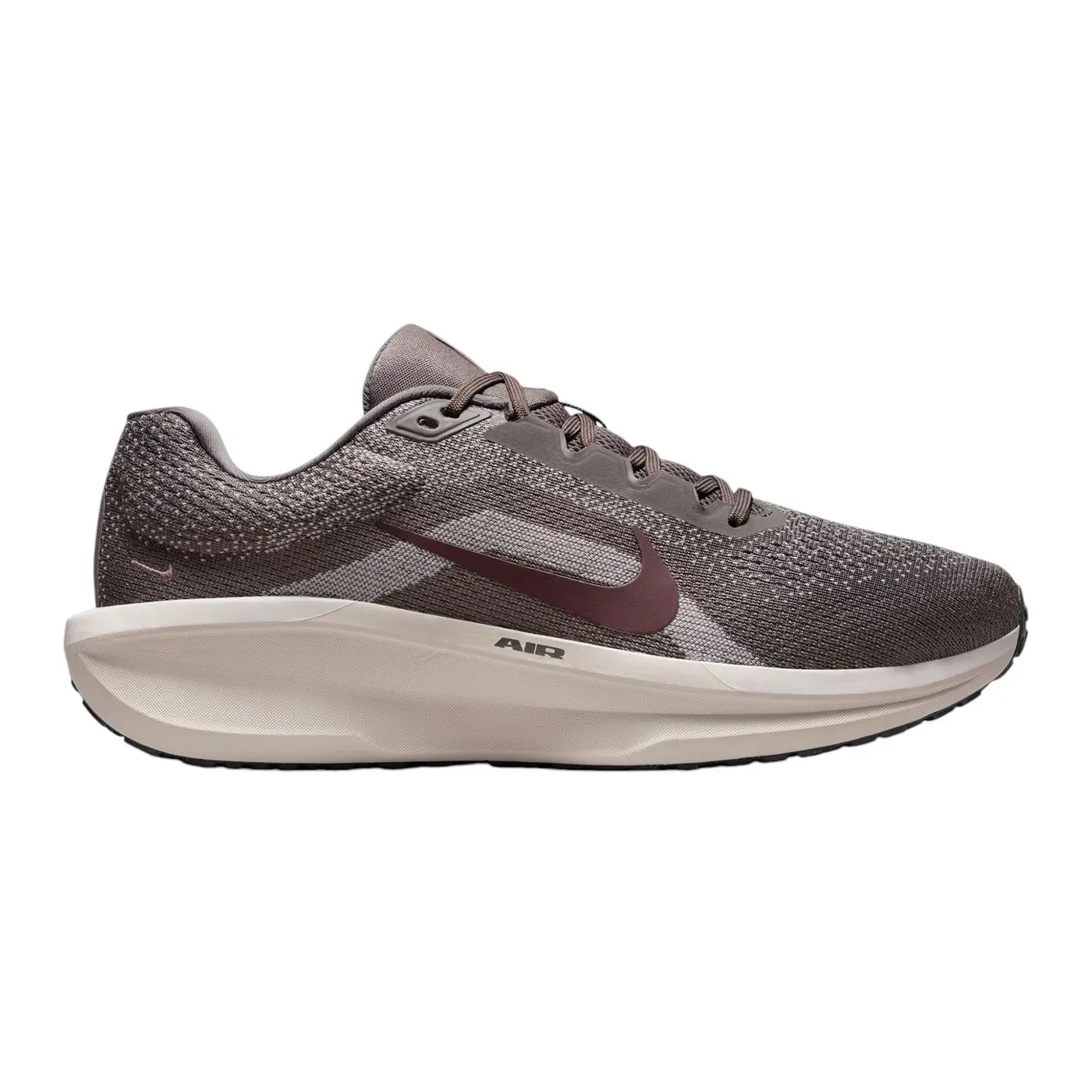 Brown Nike running shoe with a mesh upper, maroon swoosh, and cushioned sole featuring \“AIR\“ branding.