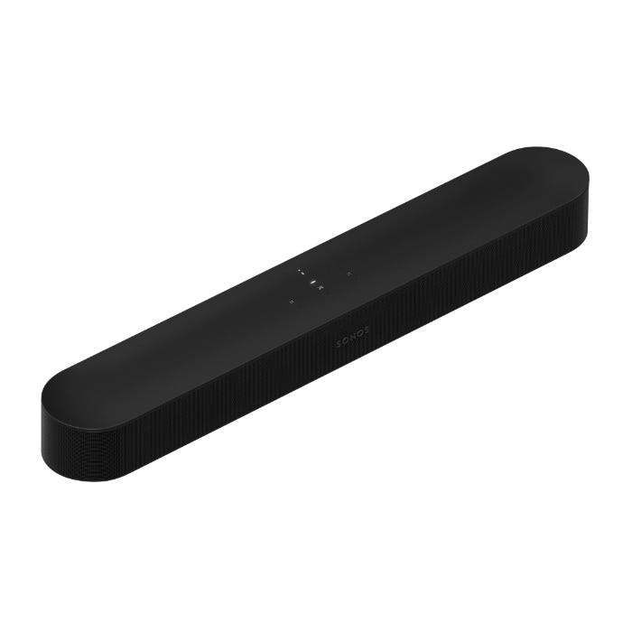 Black Sonos Beam soundbar with rounded corners and touch controls on top.