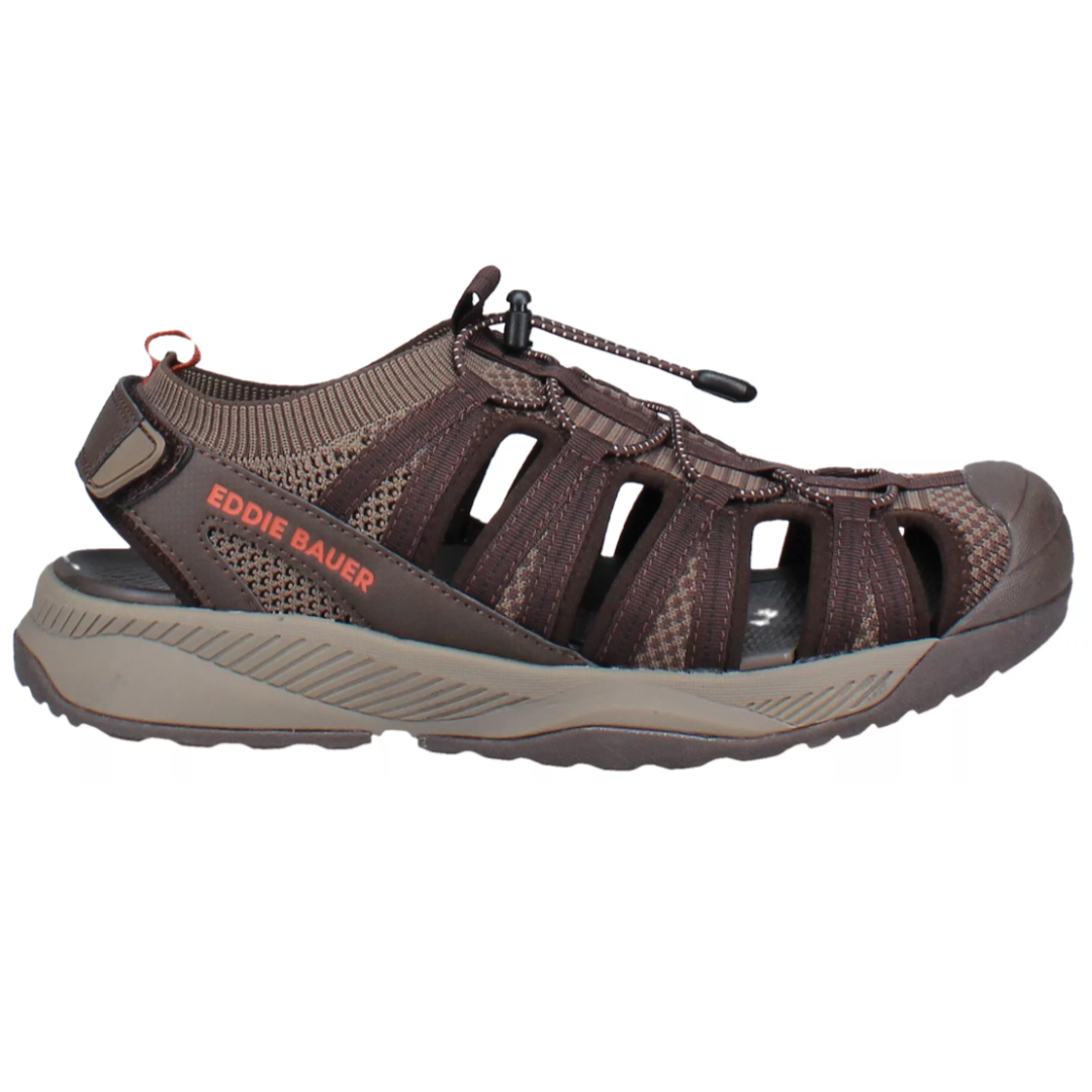 Brown outdoor sandal with adjustable toggle lacing and the brand name \“Eddie Bauer\“ on the side.