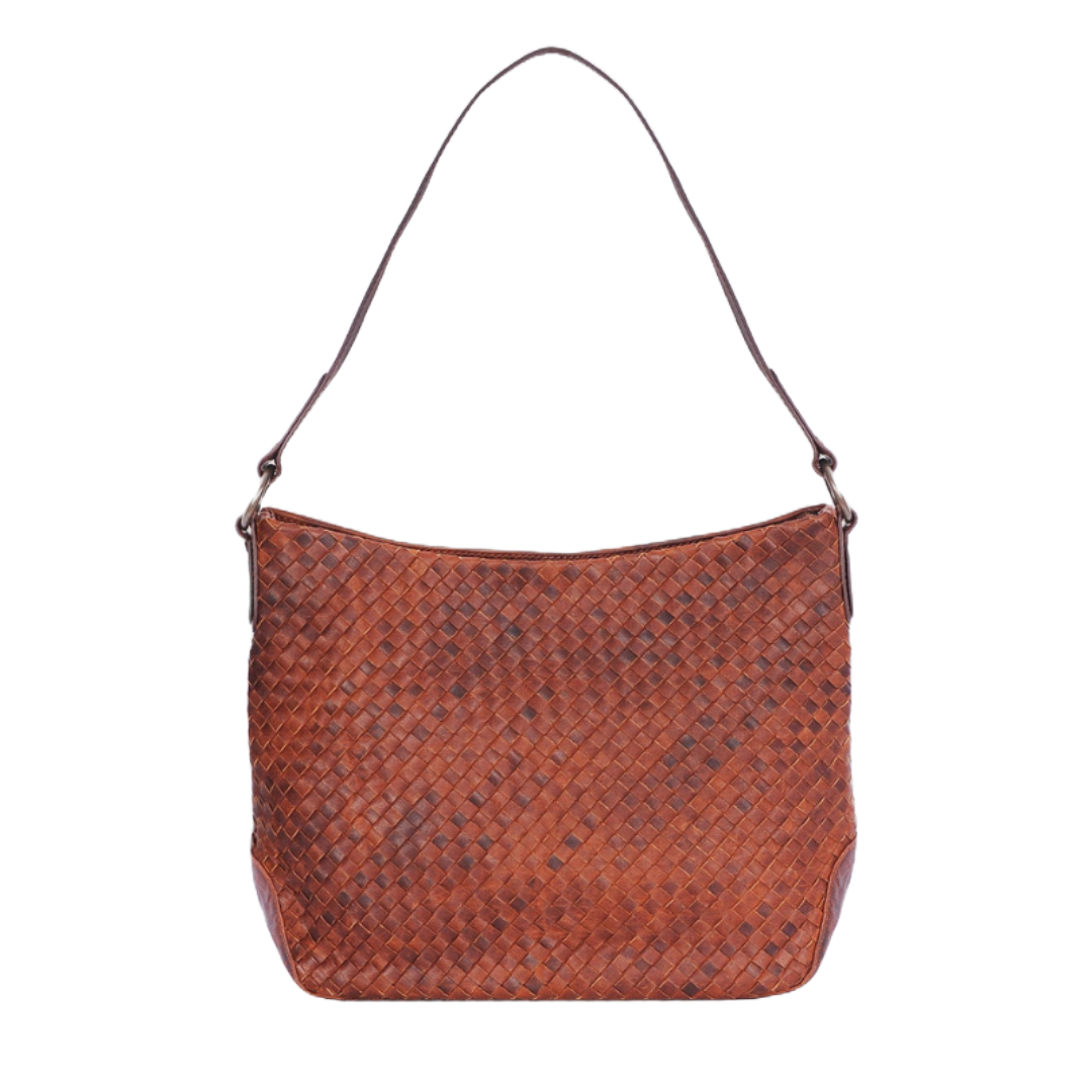 Brown weaved leather tote with a simple hobo-style design and a single shoulder strap.