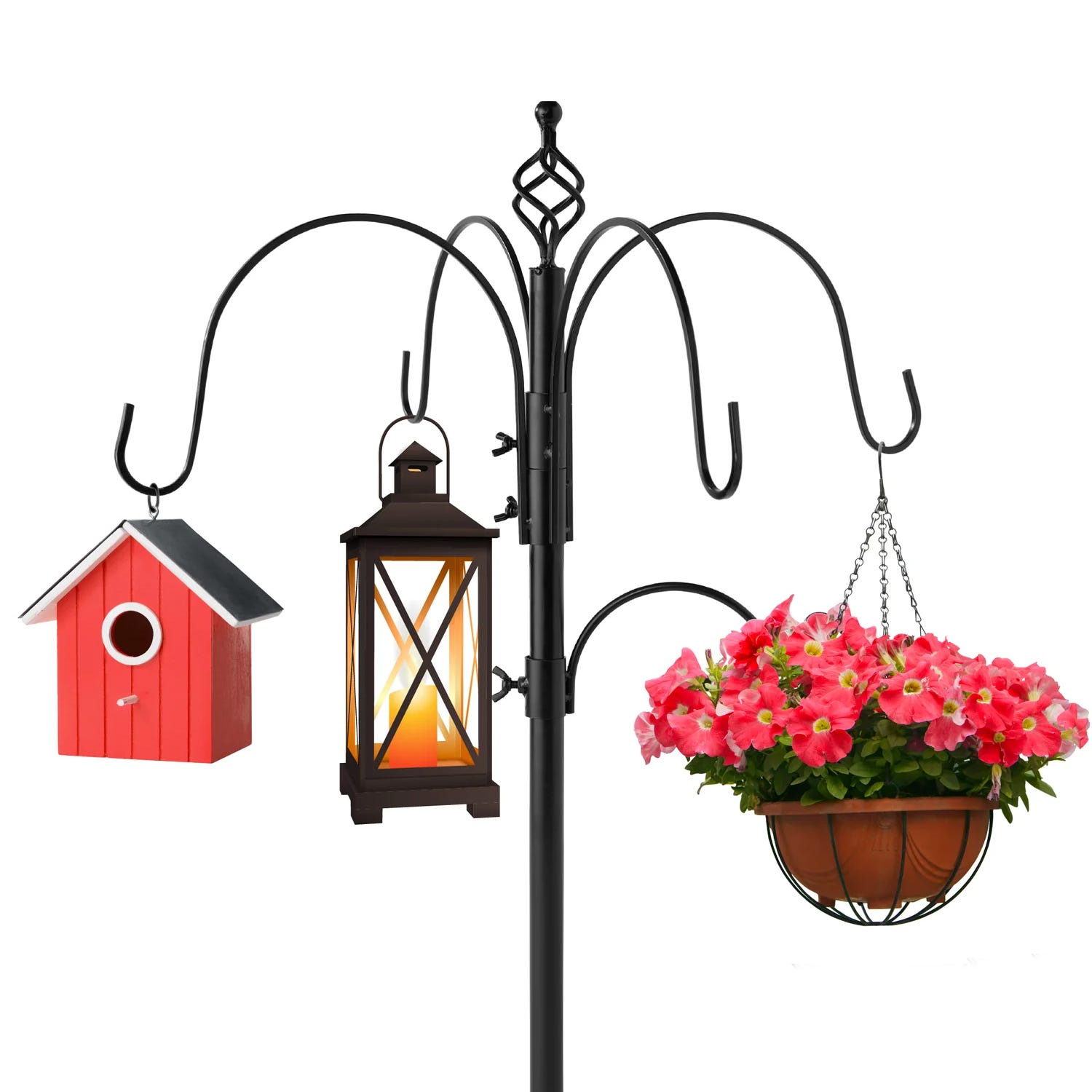 A garden stand with a hanging red birdhouse, a lantern, and a flower basket.