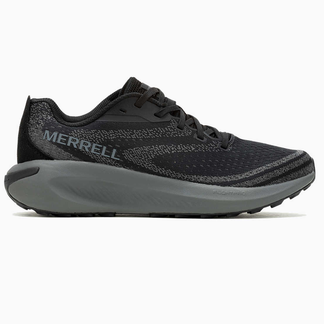 Black Merrell athletic shoe with gray accents and laces.