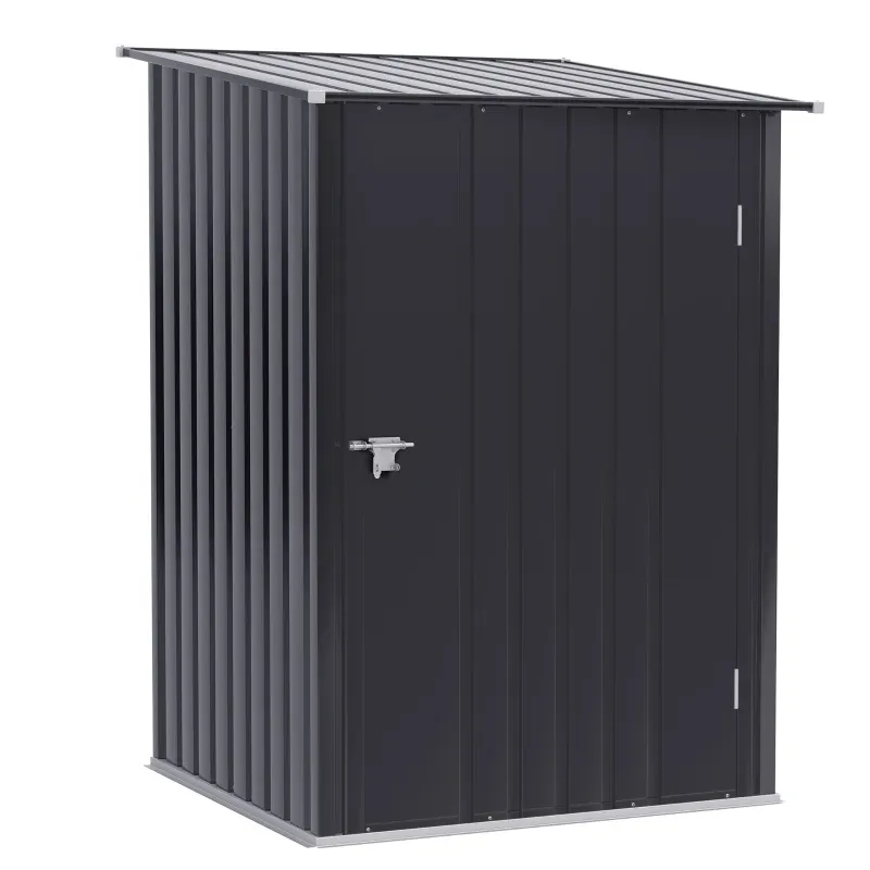 A metal garden shed with vertical corrugated panels, a sloped roof, double doors, and a lock handle.