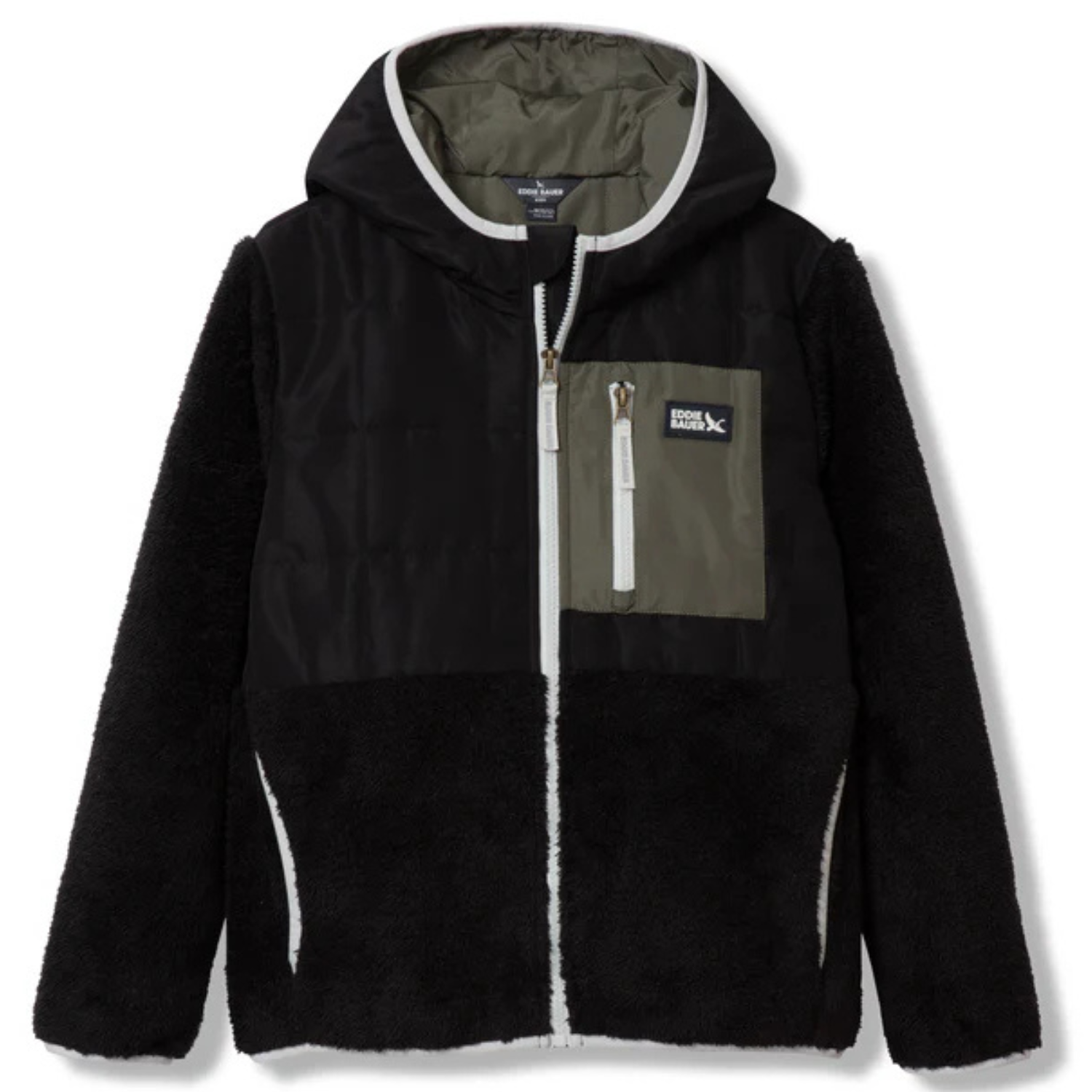 Eddie Bauer Kids' fleece is a hooded jacket featuring a black and olive color scheme with a zippered chest pocket and front closure. It combines quilted fabric on top and soft fleece below, providing warmth and comfort.