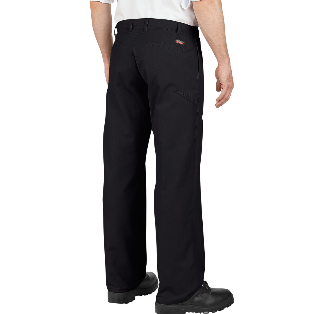 A pair of black work pants with a side cargo pocket on the right leg and black shoes.