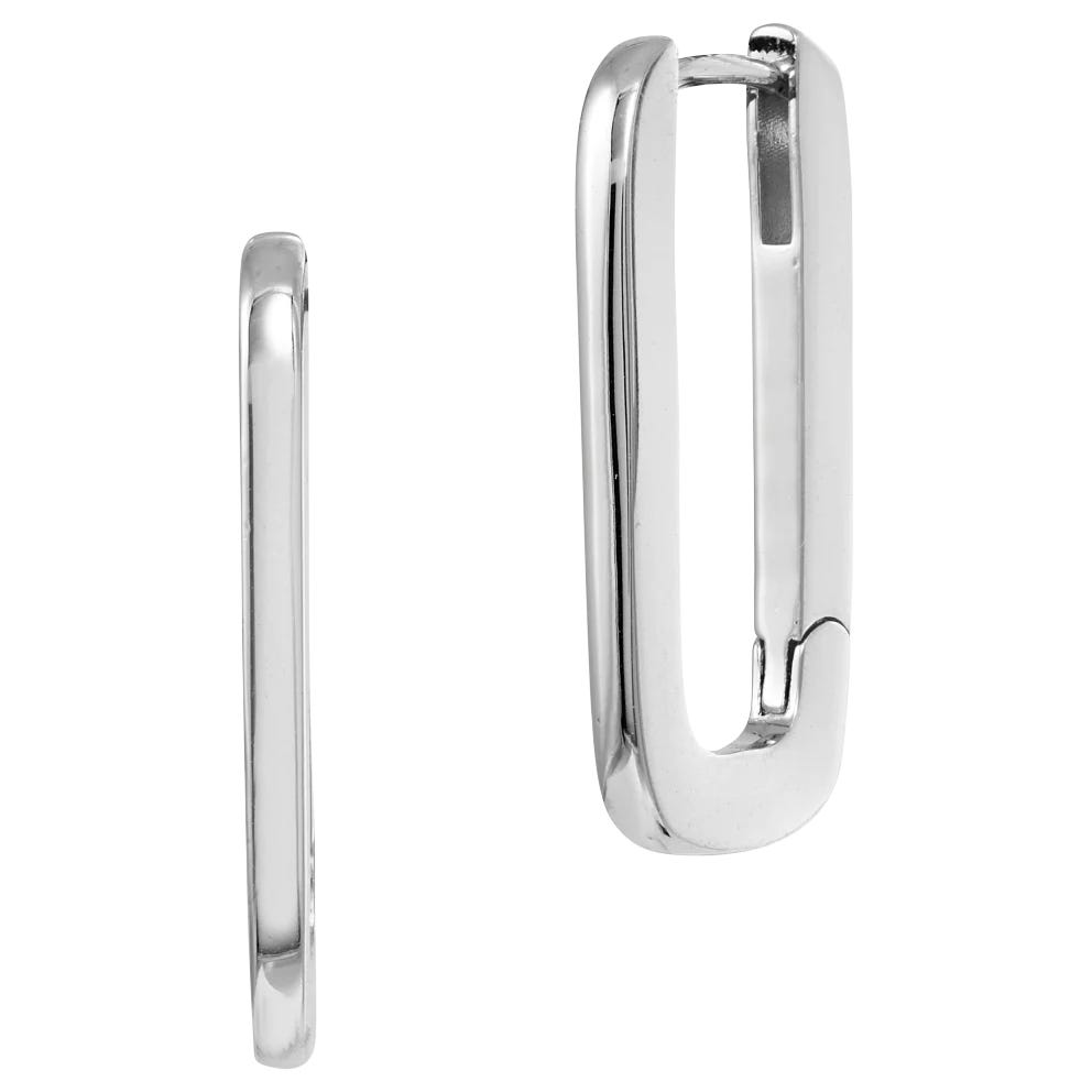 Silver rectangular hoop earrings with a sleek, polished finish.