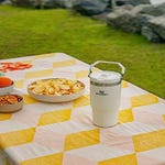 A white 30oz Stanley Tumbler with a handle sits on a picnic blanket next to various snacks.
