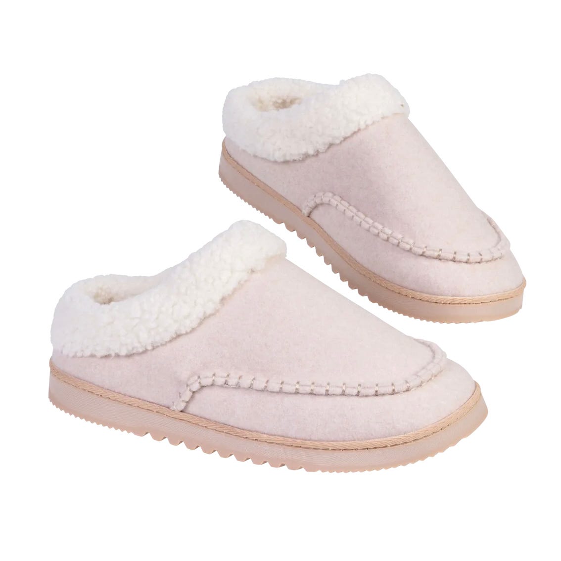 Pink slip-on slippers with white fleece lining and a light tan sole, featuring stitched detailing around the upper.