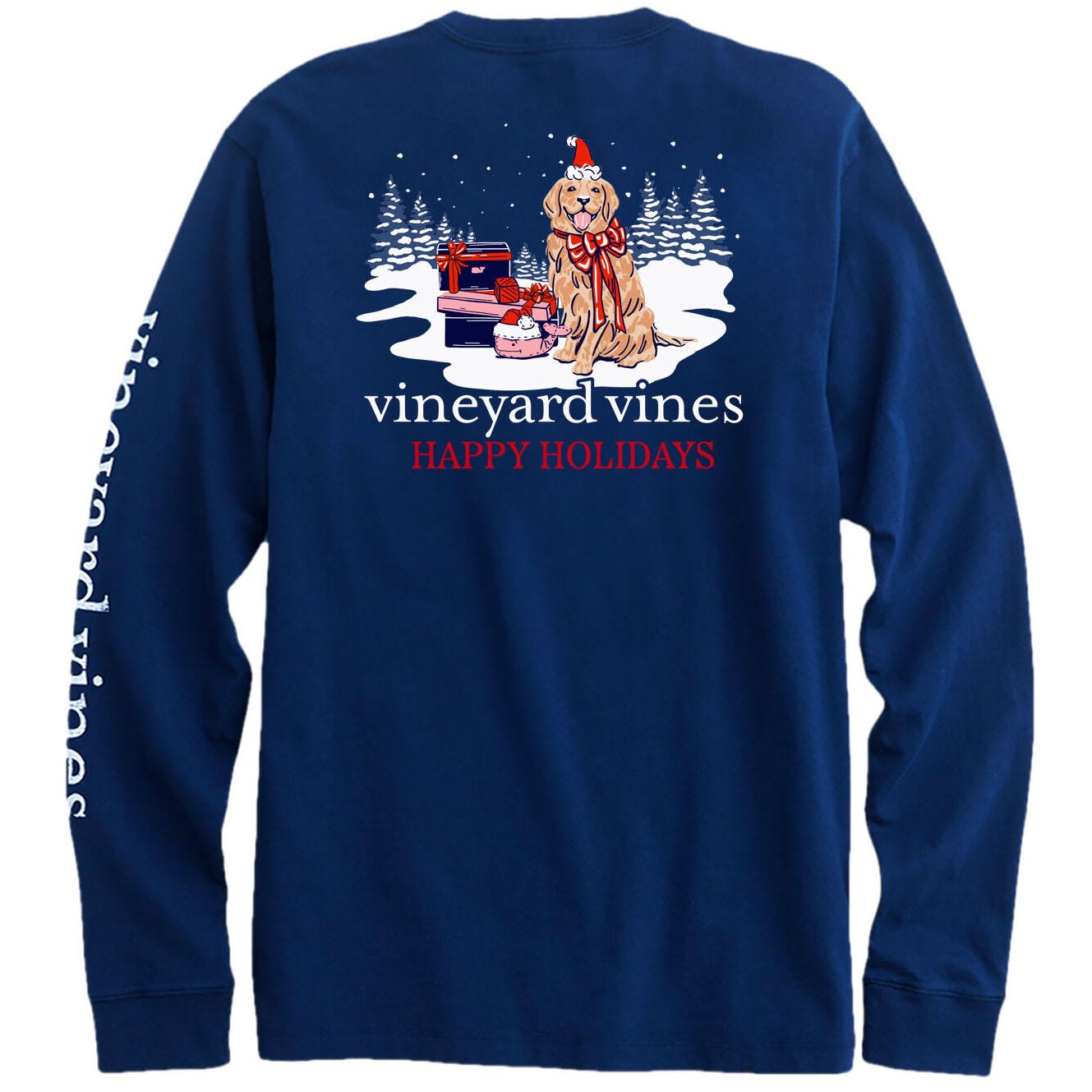 Navy long-sleeve t-shirt featuring a holiday-themed graphic with a dog wrapped in lights next to presents and the text \“vineyard vines HAPPY HOLIDAYS.\“