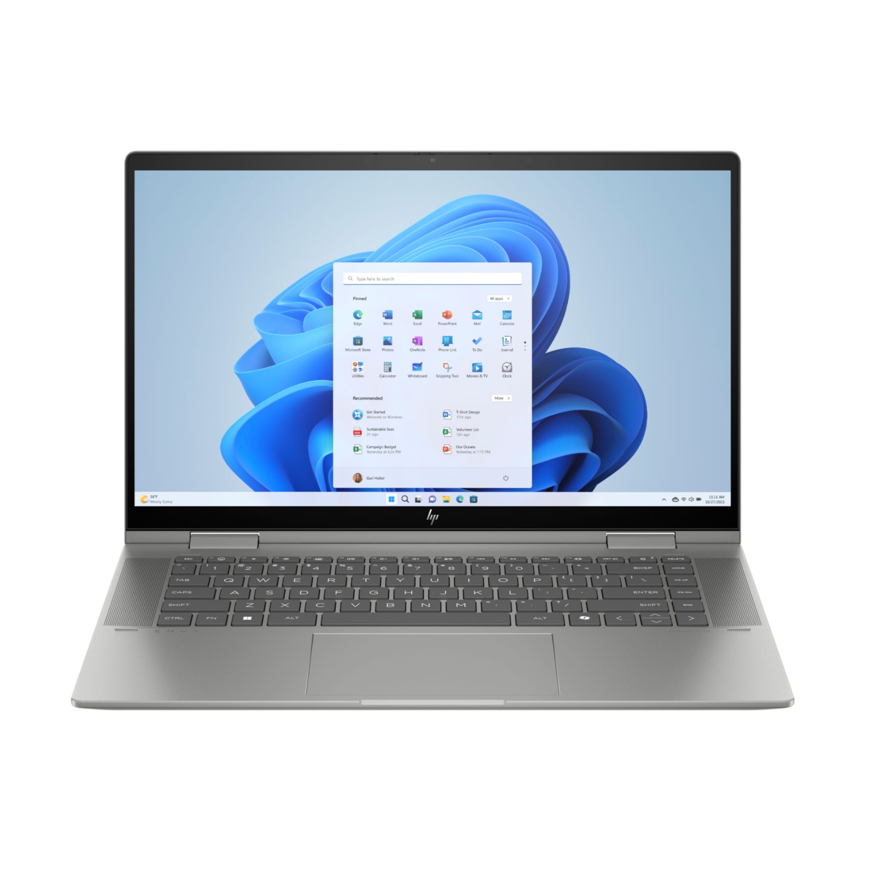 HP Envy x360 2-in-1 Laptop features a sleek, silver design with a full keyboard and a touch screen displaying Windows 11.