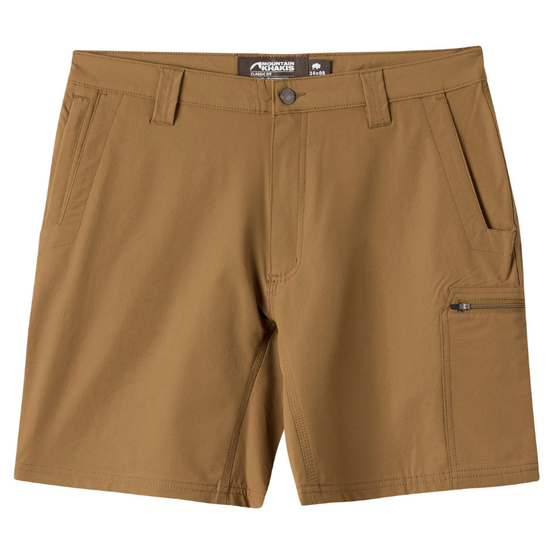 Brown shorts with belt loops, front pockets, and a side zipper pocket.