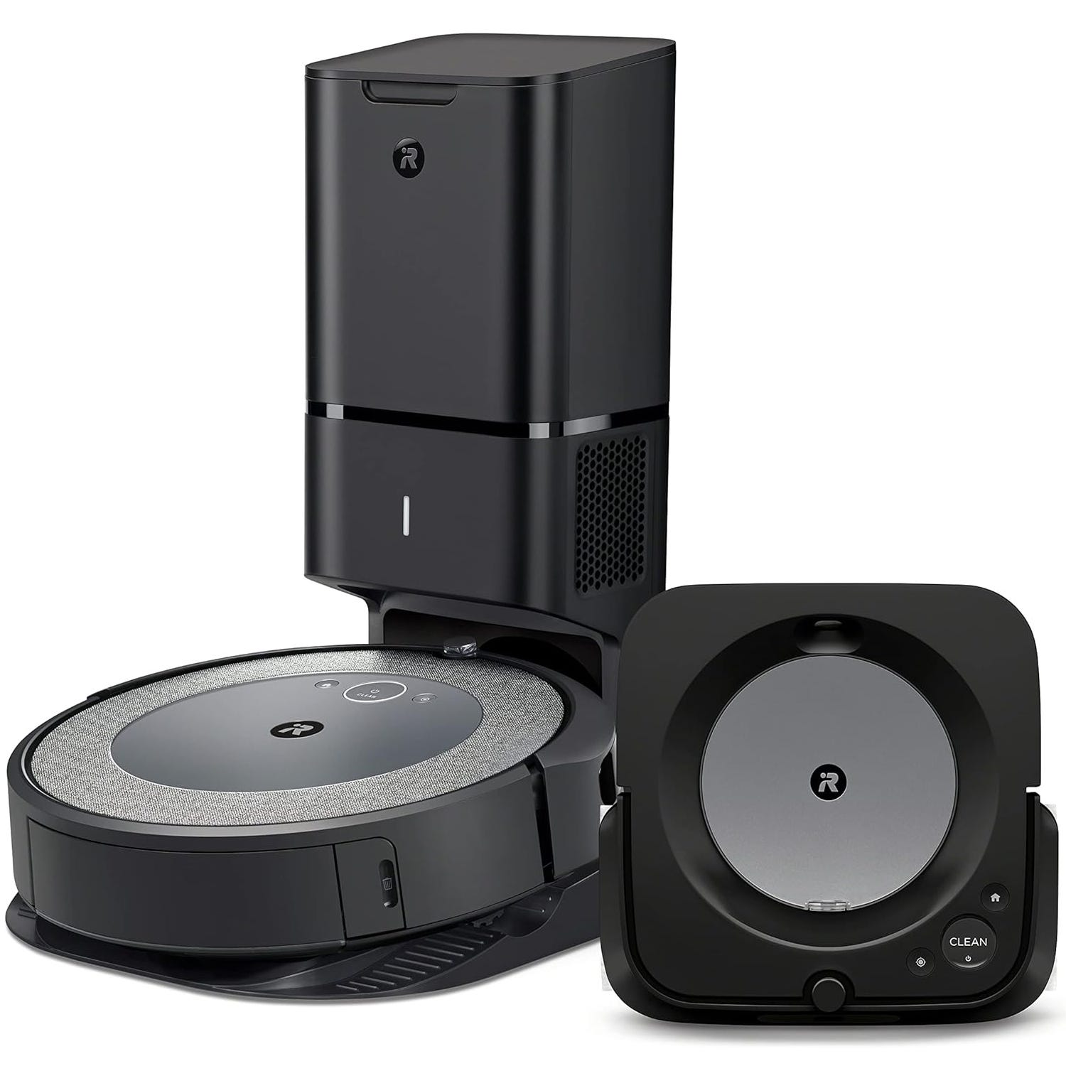 Robotic vacuum and mop set with a self-emptying base, featuring a sleek black design and controls for automated cleaning tasks.