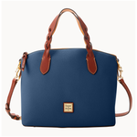 Blue handbag with brown handles and gold-tone hardware, featuring a detachable strap and a brand logo plaque on the front.