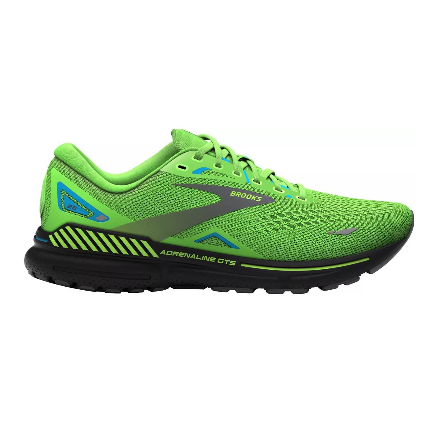 Lime green Brooks running shoe with black details and cushioned sole.