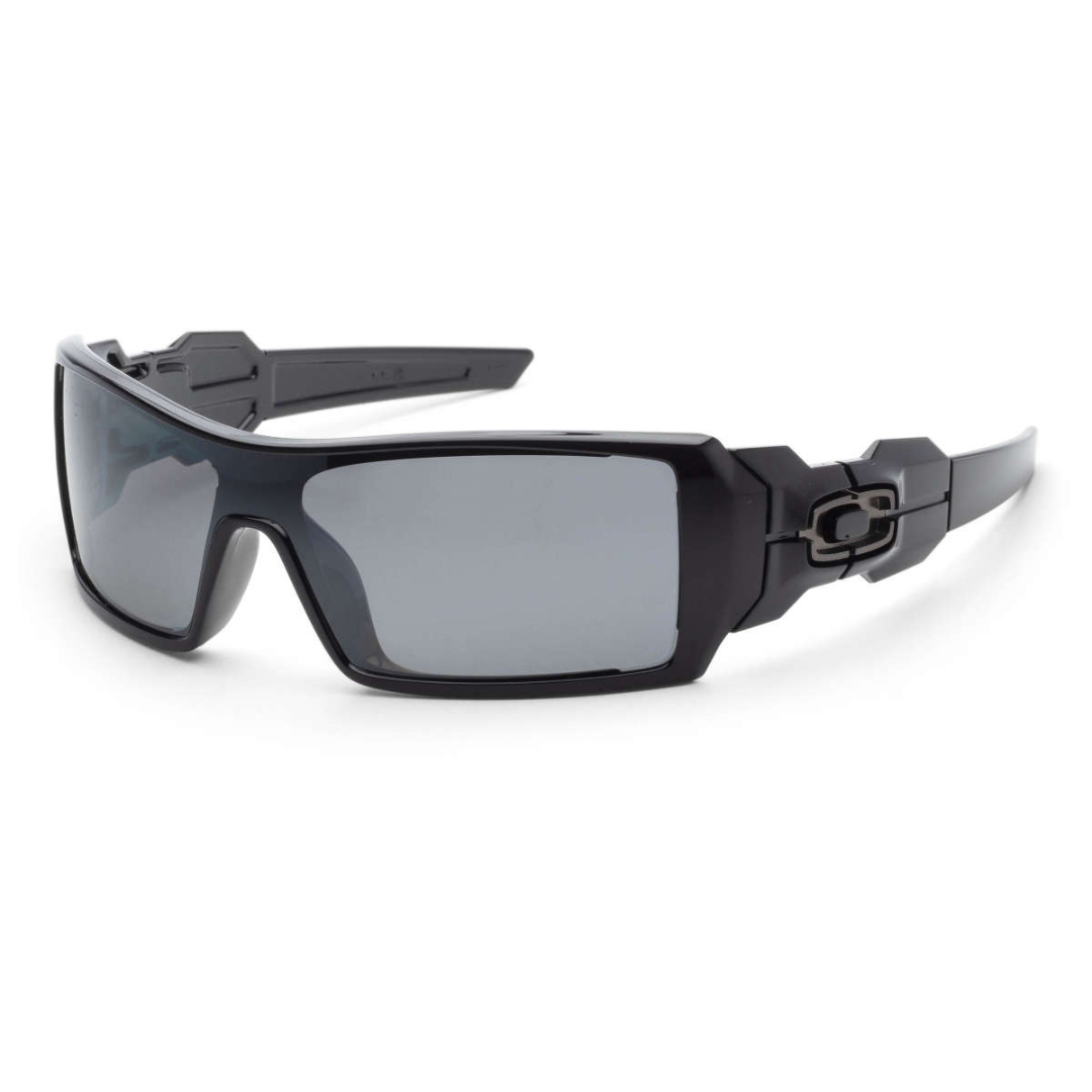 Sleek black Oakley Oil Rig sunglasses with a wide, rectangular frame and dark lenses featuring a metallic accent on the temples.