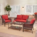 Outdoor furniture set with red cushions, including a loveseat, two chairs, and a coffee table.