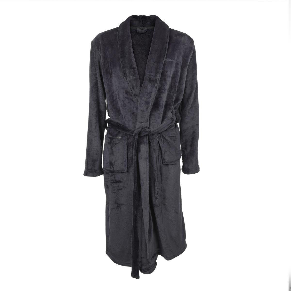 Eddie Bauer men's robe in dark gray, featuring plush fabric with a shawl collar, embroidered logo, tie belt, and two front pockets.