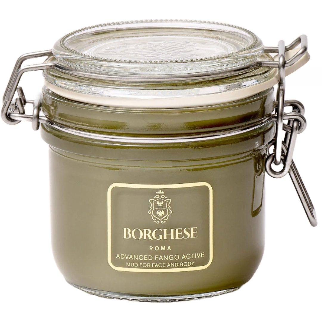 Borghese Advanced Fango Active Mud for Face and Body is a green clay mask in a glass jar with a metal clasp. It's designed to cleanse and revitalize the skin.
