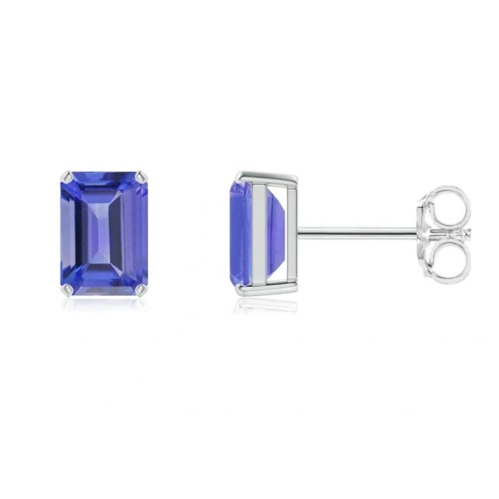 A pair of rectangular, blue gemstone stud earrings with silver-tone settings.