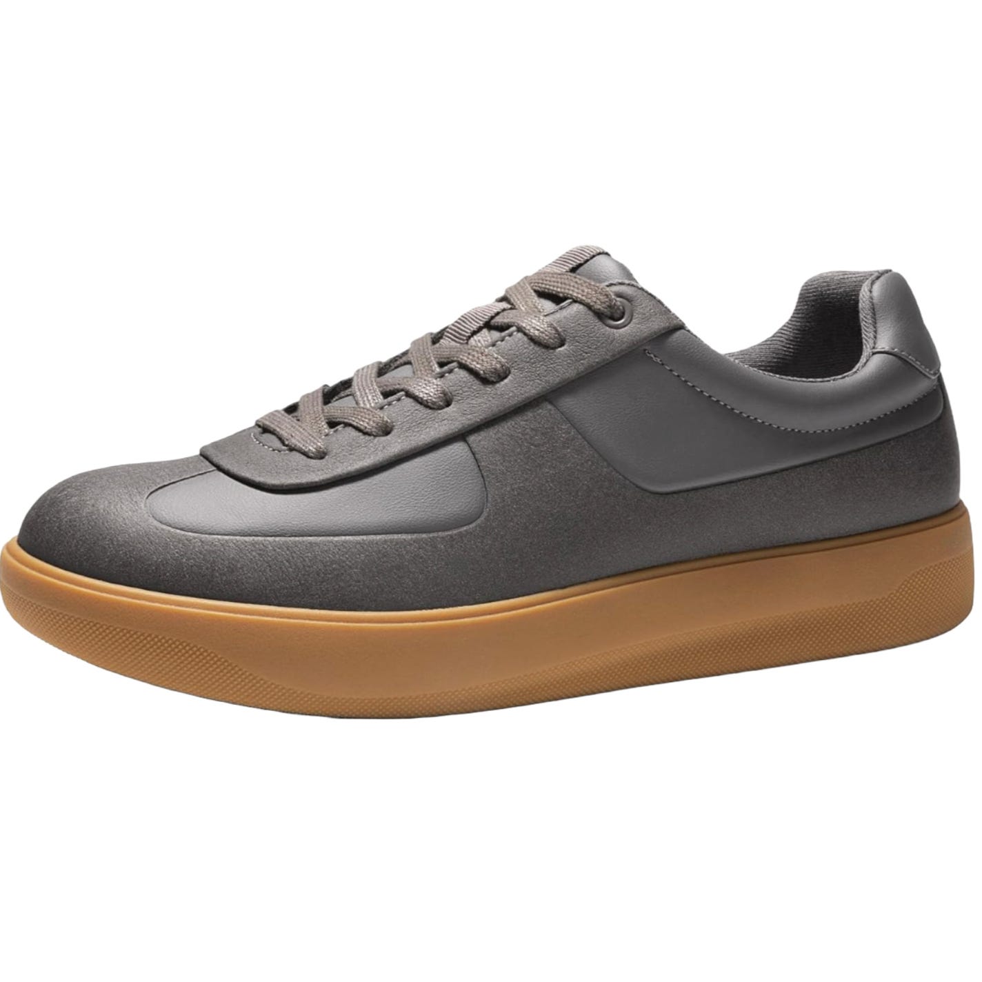 A gray sneaker with a minimalist design, featuring a durable gum outsole and matching gray laces.