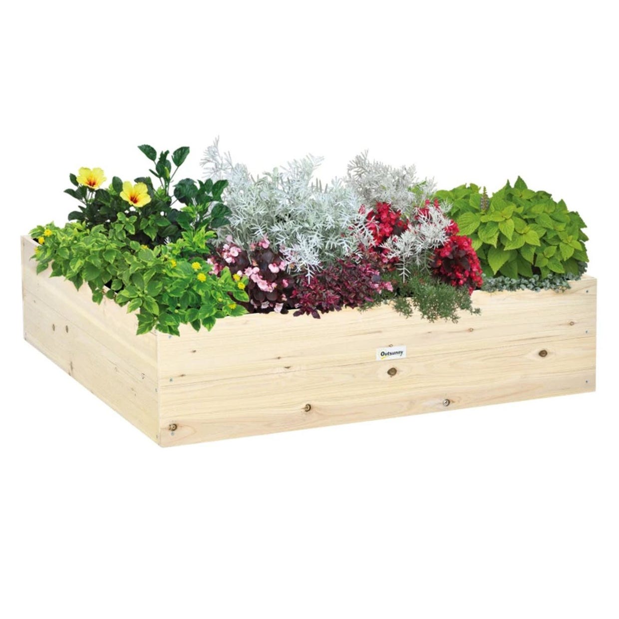 Rectangular wooden planter box filled with various colorful flowers and plants.