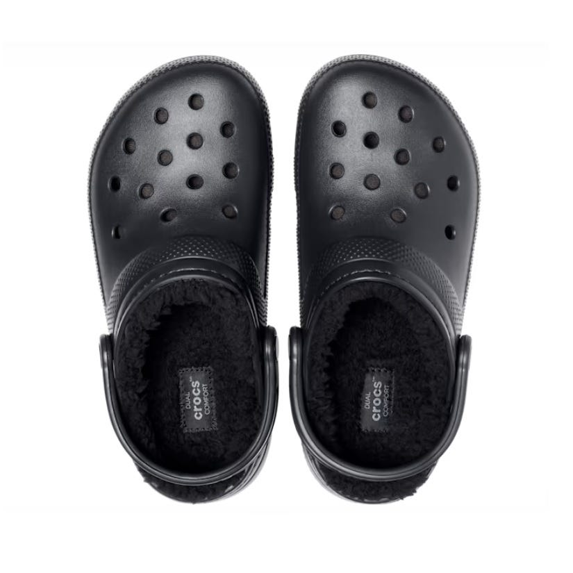A pair of black slip-on shoes with strap and fleece lining.