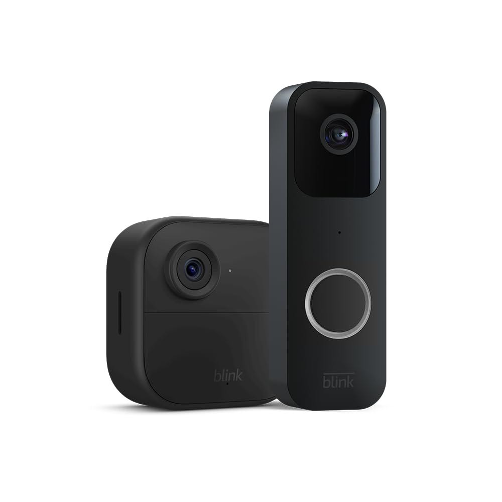 Two black Blink security cameras, one with a rectangular shape and ring button, the other more compact and rounded.