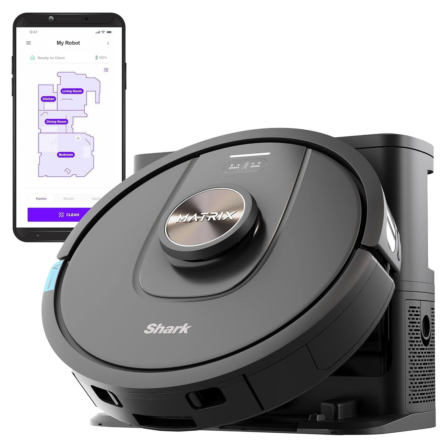 A Shark MATRIX robot vacuum is pictured alongside a smartphone displaying a cleaning map, showing various rooms labeled \“Kitchen,\“ \“Living Room,\“ and \“Dining Room.\“