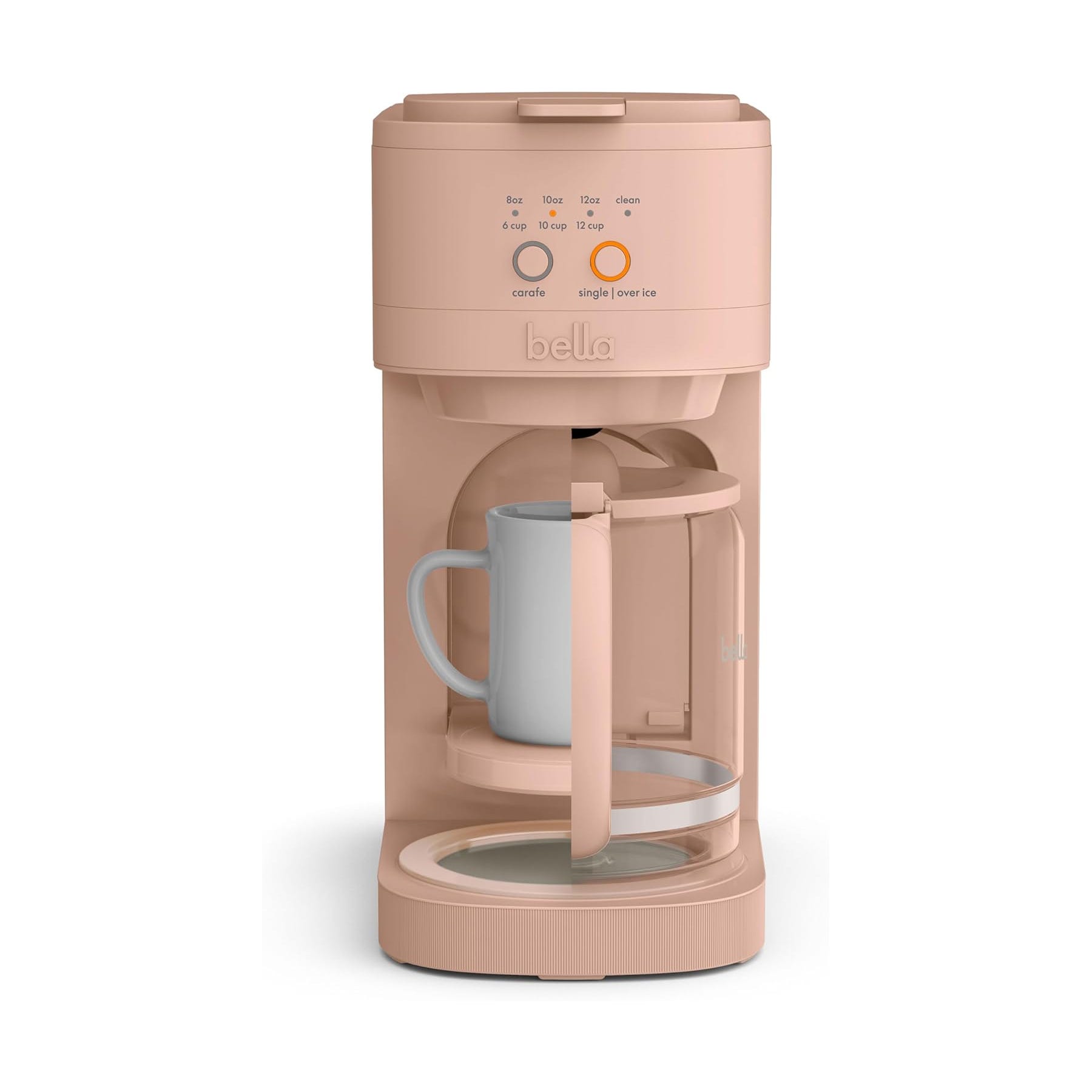 Pink Bella coffee maker with options for carafe or single cup brewing, featuring controls for cup size and brew strength. Cup included.