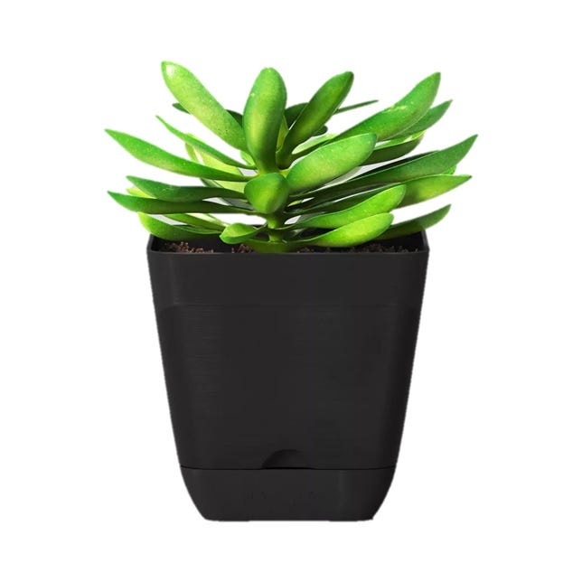 Square black planter pot with a small, artificial green succulent plant inside; suitable for indoor or outdoor use.