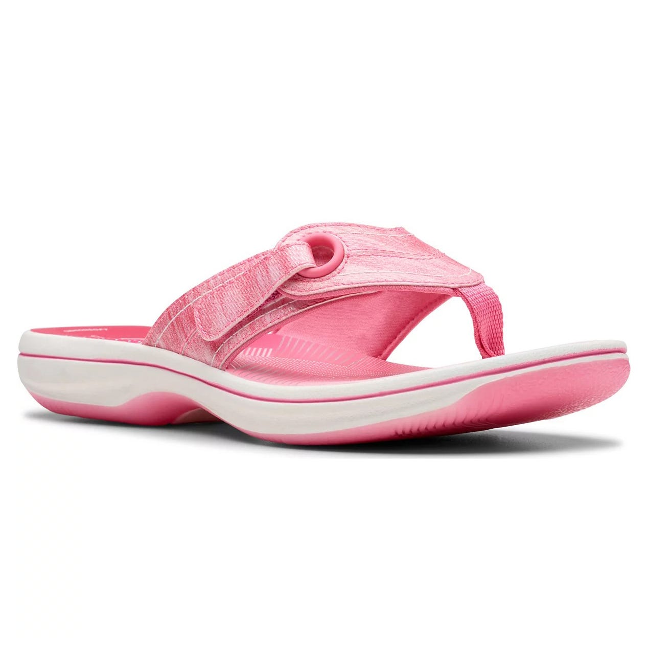 Pink flip-flop sandal with a cushioned sole and adjustable strap, combining comfort and casual style.