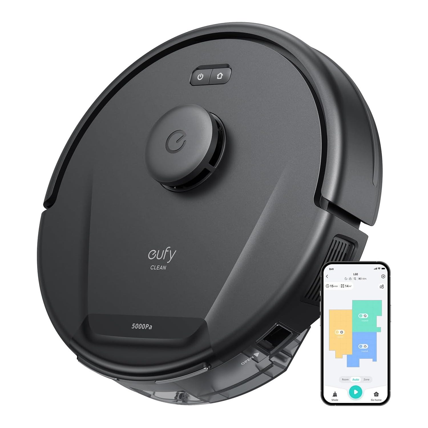 Eufy robot vacuum with 5000Pa suction power, featuring a round design and control via a smartphone app that shows a mapped floor plan for customized cleaning.