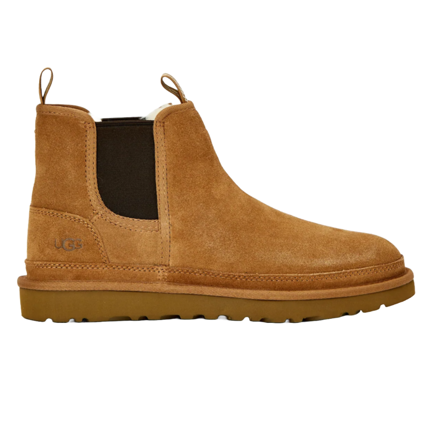 UGG Men's Neumel Chelsea Boots feature a suede upper in chestnut color with elastic side panels and a pull tab for easy wear, complemented by a brown rubber sole.