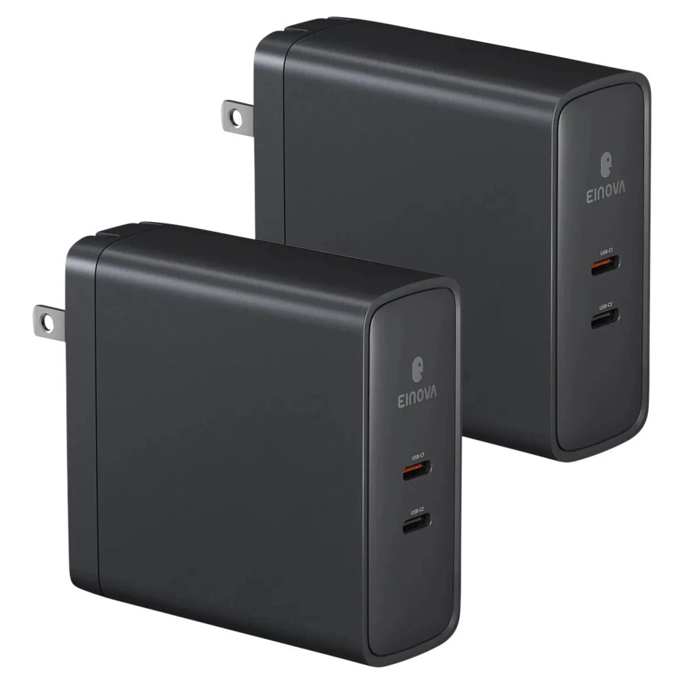 Two black Einova USB-C wall chargers with two ports each, featuring foldable plugs.