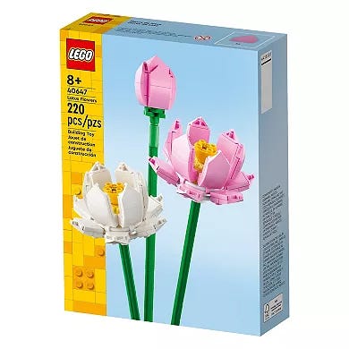 LEGO set 40647 features 220 pieces for building lotus flowers, suitable for ages 8 and up.