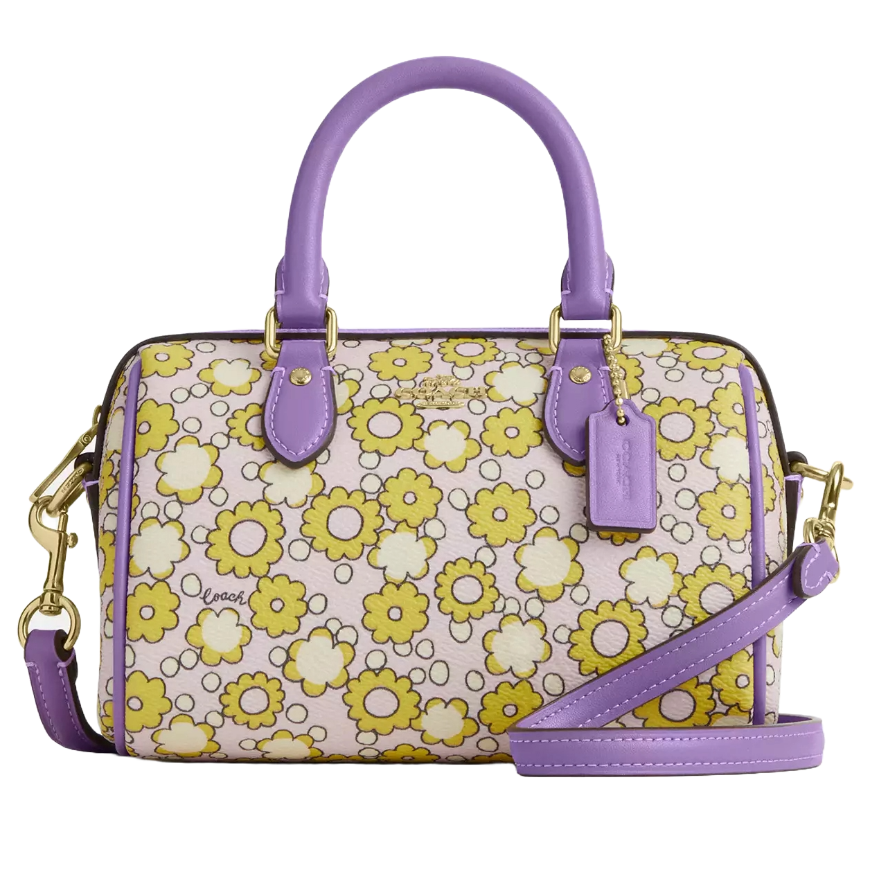 A floral-print handbag with yellow and white flowers on a purple background, featuring purple handles, a detachable strap, and gold hardware.
