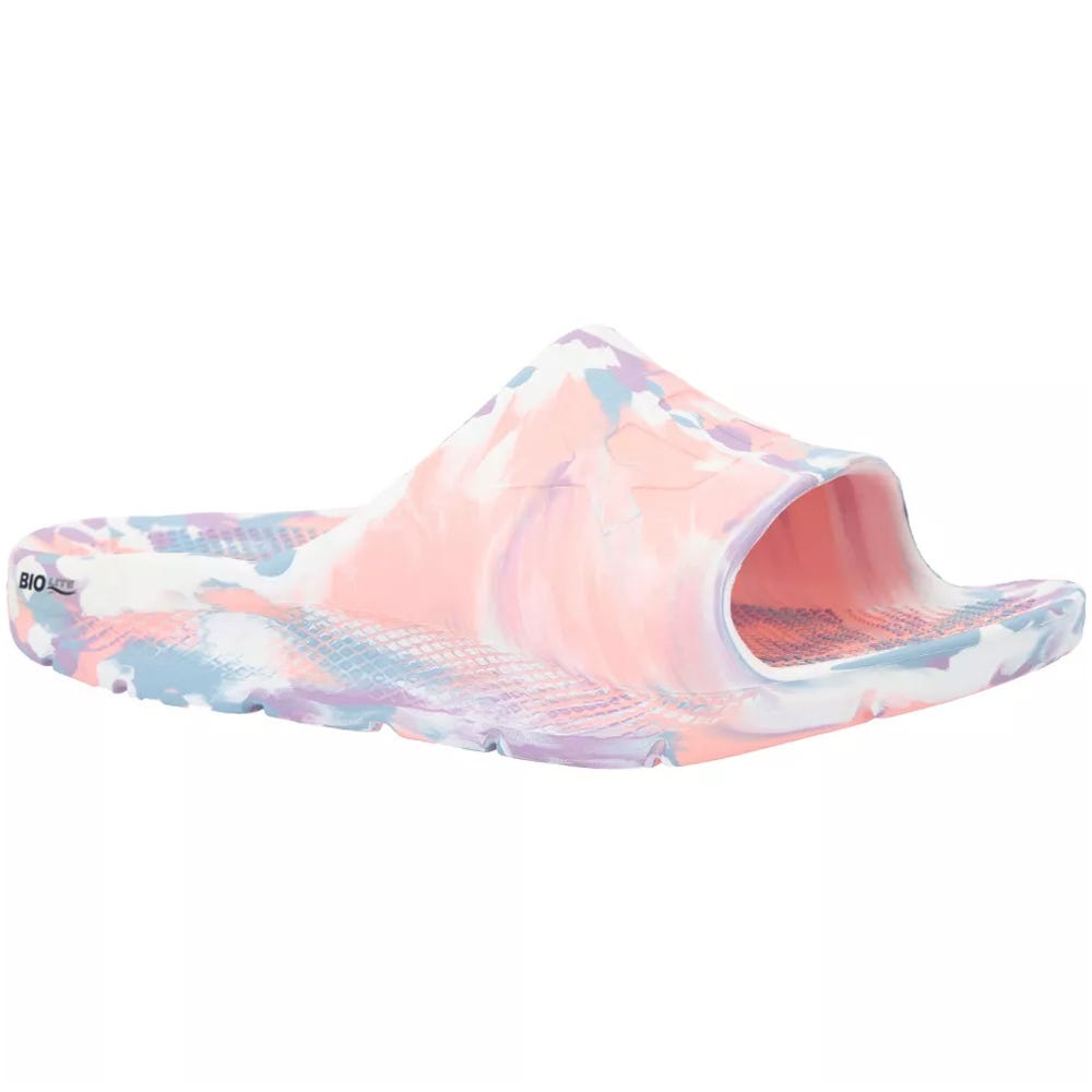 Pink and purple tie-dye slide with a contoured footbed and open toe design, featuring a lightweight, cushioned sole ideal for casual wear.