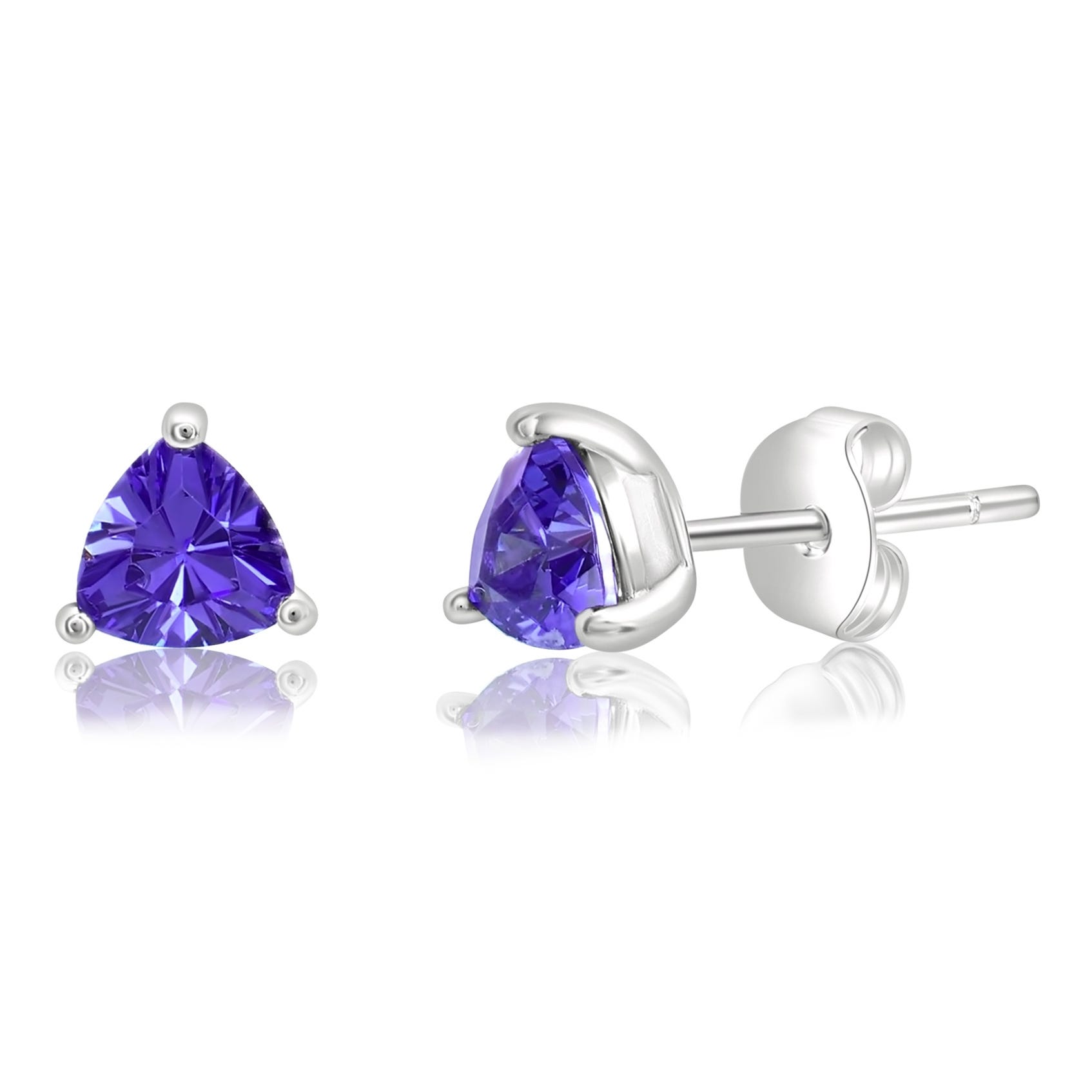 Silver stud earrings featuring triangular purple gemstones with a minimalist setting.