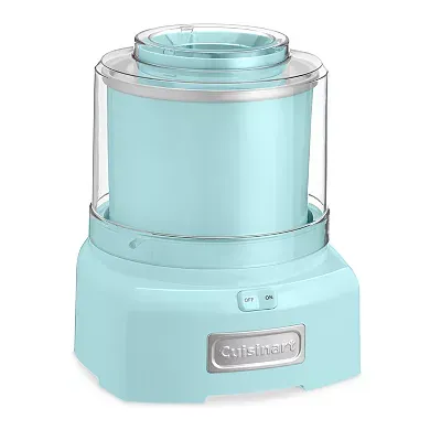 A pastel blue Cuisinart ice cream maker with a transparent lid, featuring simple operation with an on/off switch.