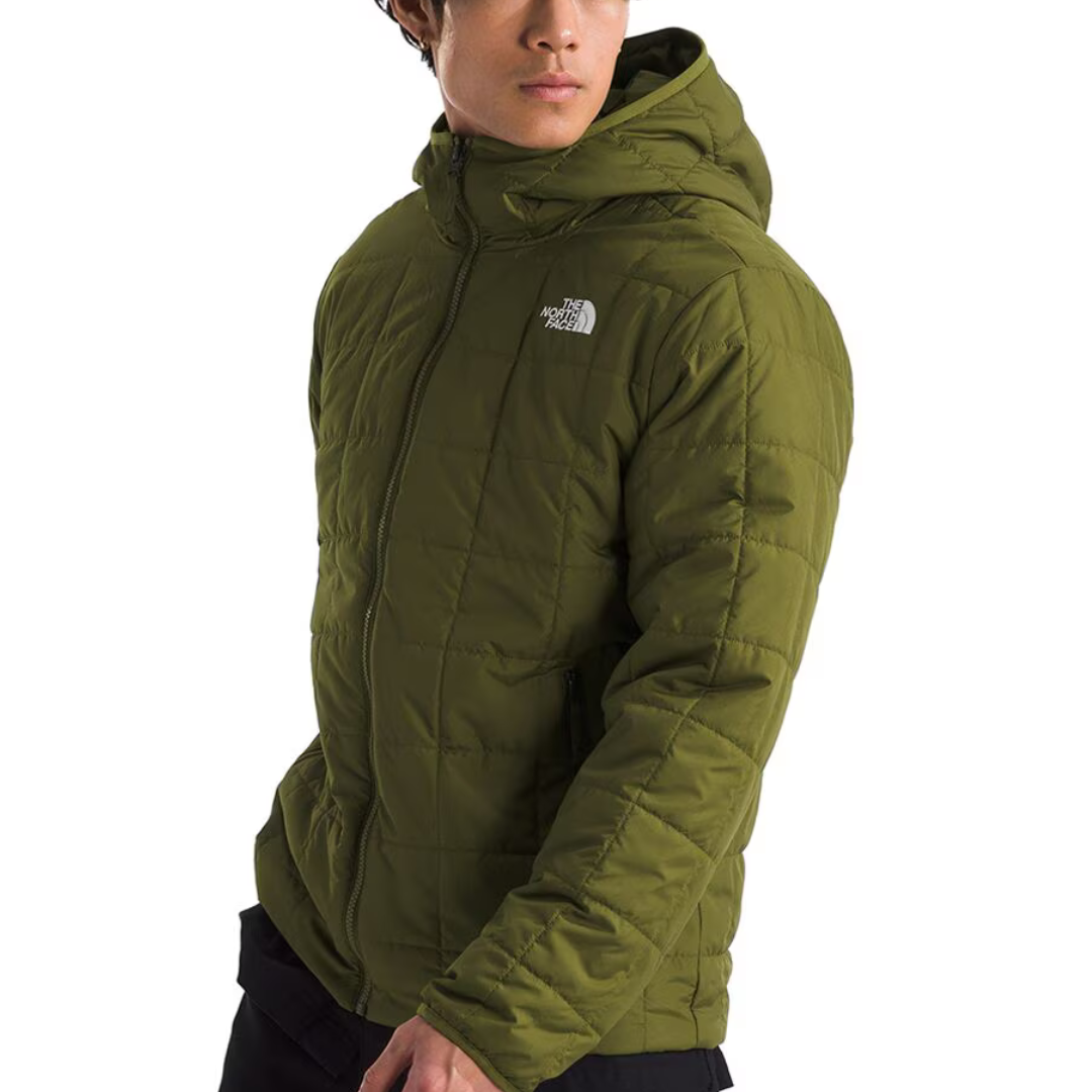 Olive green insulated jacket from The North Face, featuring a quilted design, hood, full front zipper, and two zippered side pockets.