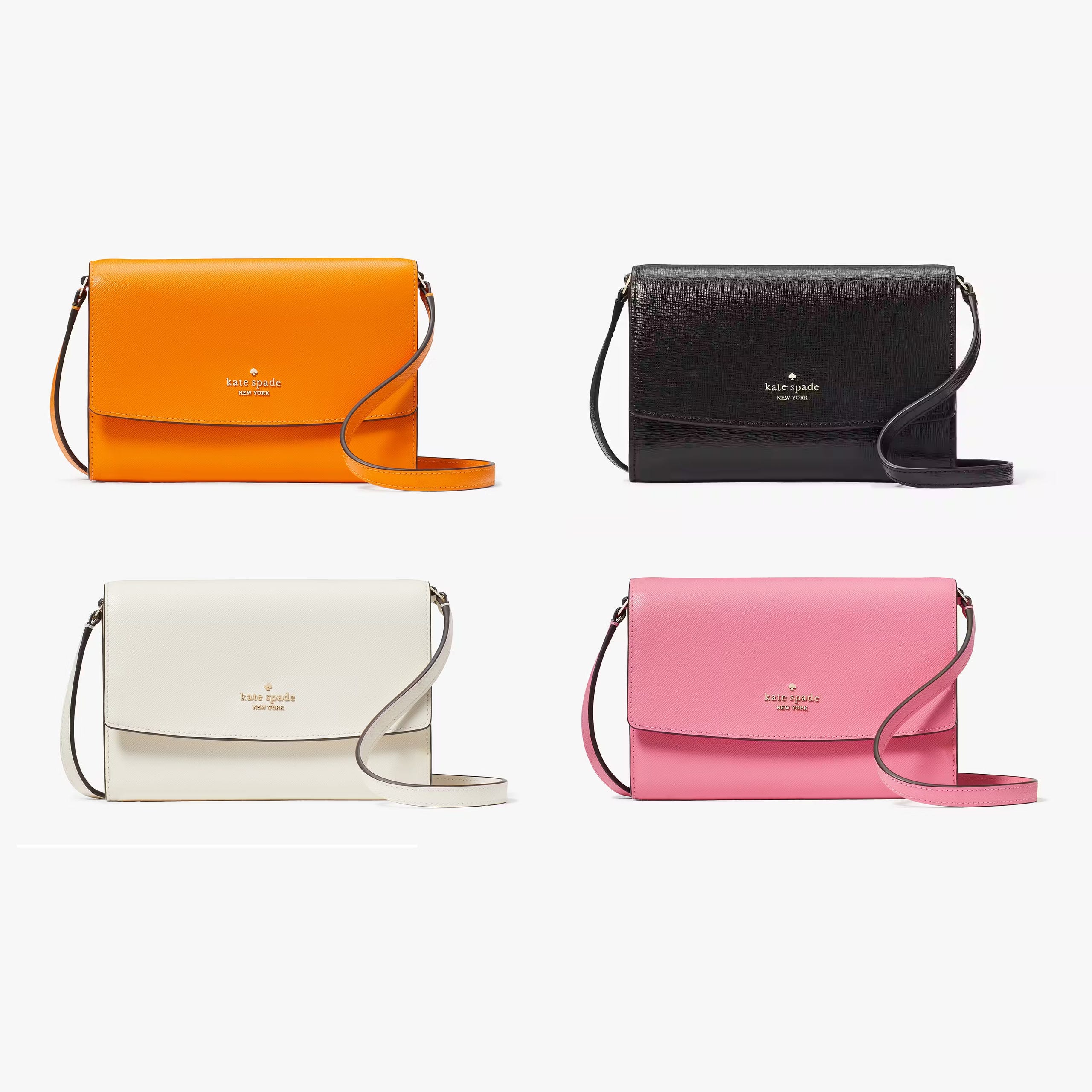 Four shoulder bags in orange, black, white, and pink, each with a long strap and brand logo on the front.